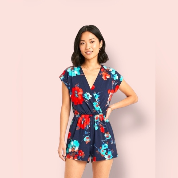 kaiteigh Pants - Floral Navy Wrap Romper - Women's Short Jumpsuit